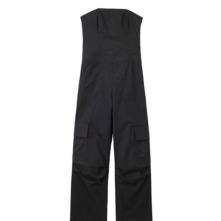 Female Jumpsuit With Pockets Long Jumpsuit Woman Spring Summer Sleeveless Cargo Jumpsuits For Women Outfit BLACK