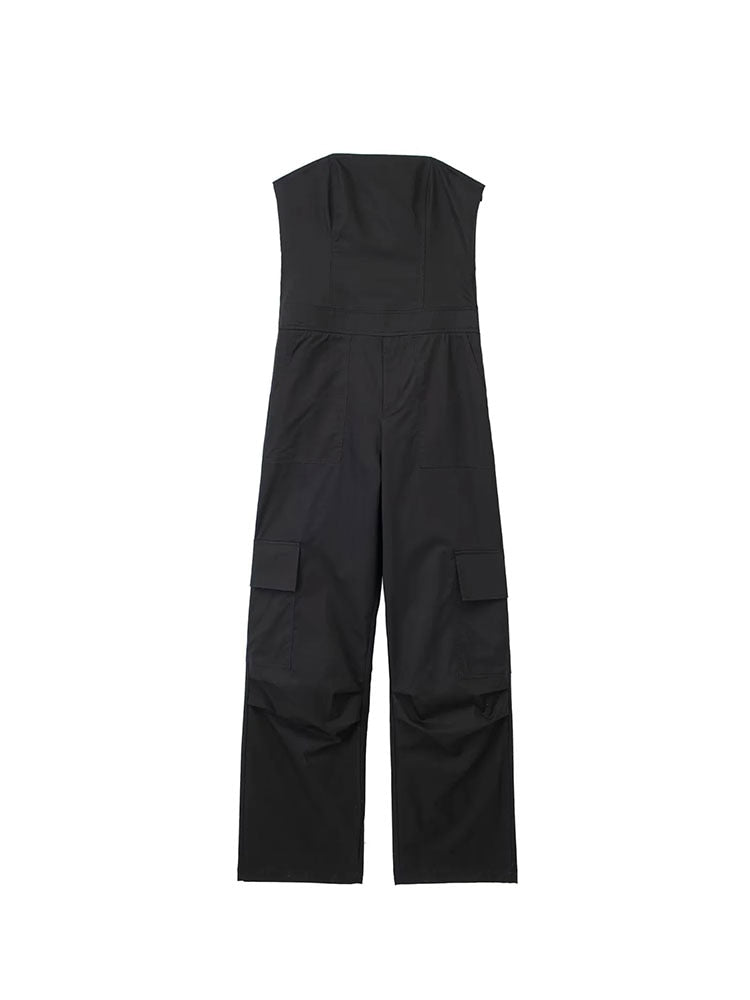 Female Jumpsuit With Pockets Long Jumpsuit Woman Spring Summer Sleeveless Cargo Jumpsuits For Women Outfit BLACK