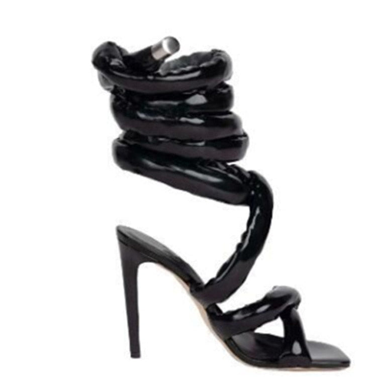 Summer Square Head Slim High Heel Sandals Wrapped Around The Feet Fashion Show Dress 43 Large Women's Sandals Black