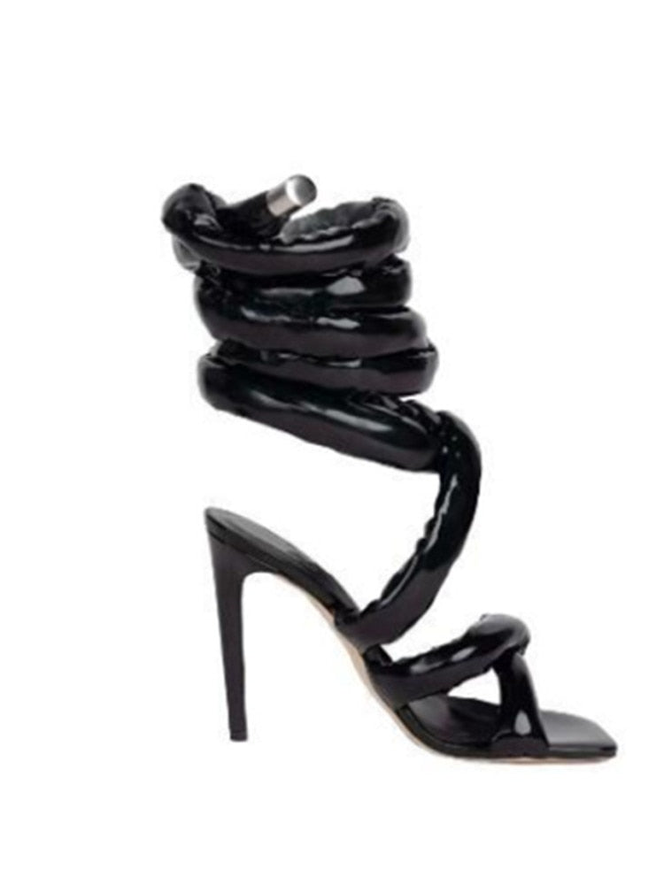 Summer Square Head Slim High Heel Sandals Wrapped Around The Feet Fashion Show Dress 43 Large Women's Sandals Black