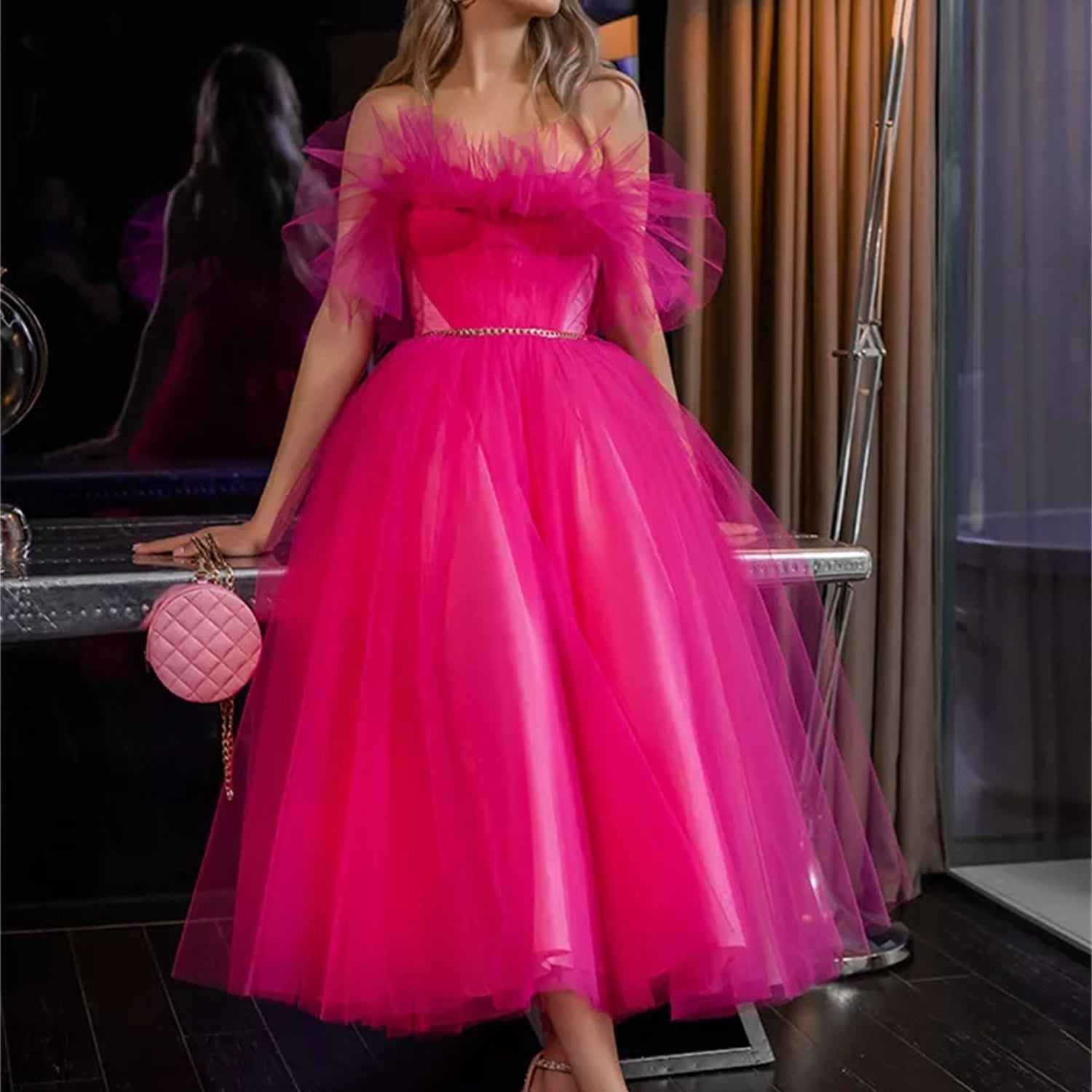 Bright Fuchsia Ruffles Tulle Homecoming Dresses Tea length Short Hoco Prom Dress A-Line Vestidos De Gala Party Gowns Rose red
