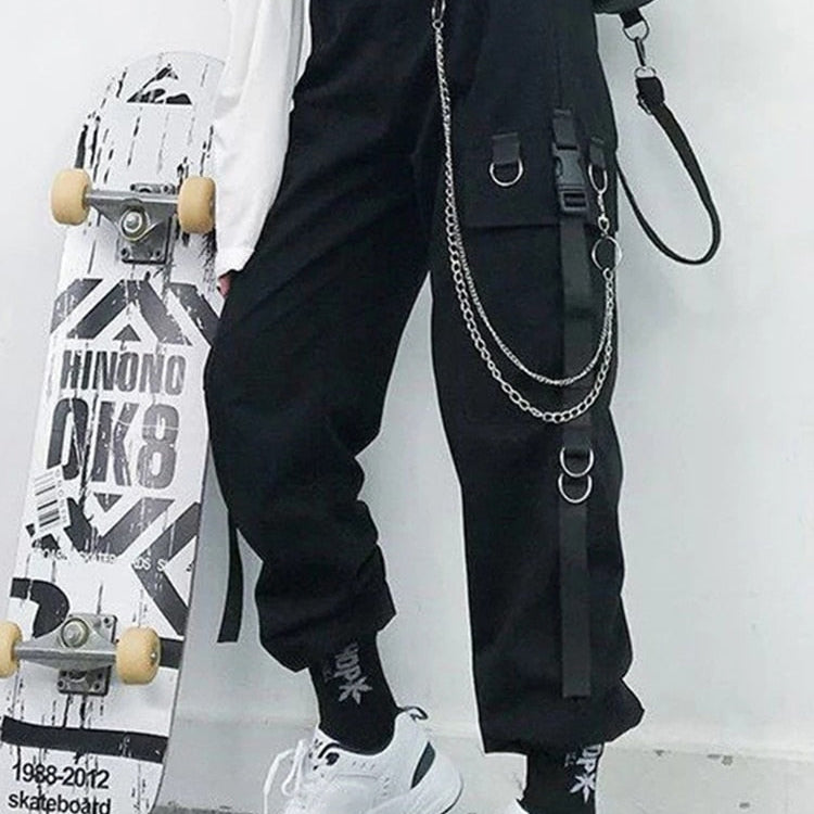 Women Cargo Pants Harem Pants Fashion Punk Pockets Jogger Trousers With Chain Harajuku Elastics High Waist Streetwear