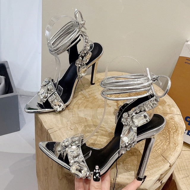 Sexy Ankle Strap Golded Sandals Women Party Nightclub Stripper Heels Crystal Diamond Pointed Toe Wedding Shoe 11CM Silver