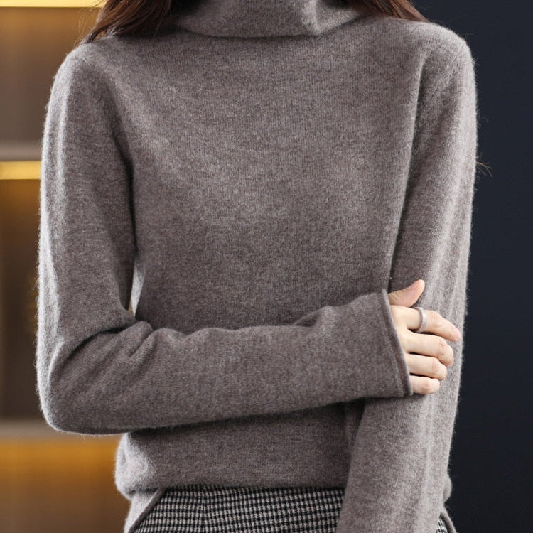 Pure Wool Women Sweater Autumn Winter Fashion Pile Collar Pullover Cashmere Sweater Casual Long-sleeved Knitted Tops Dark Camel
