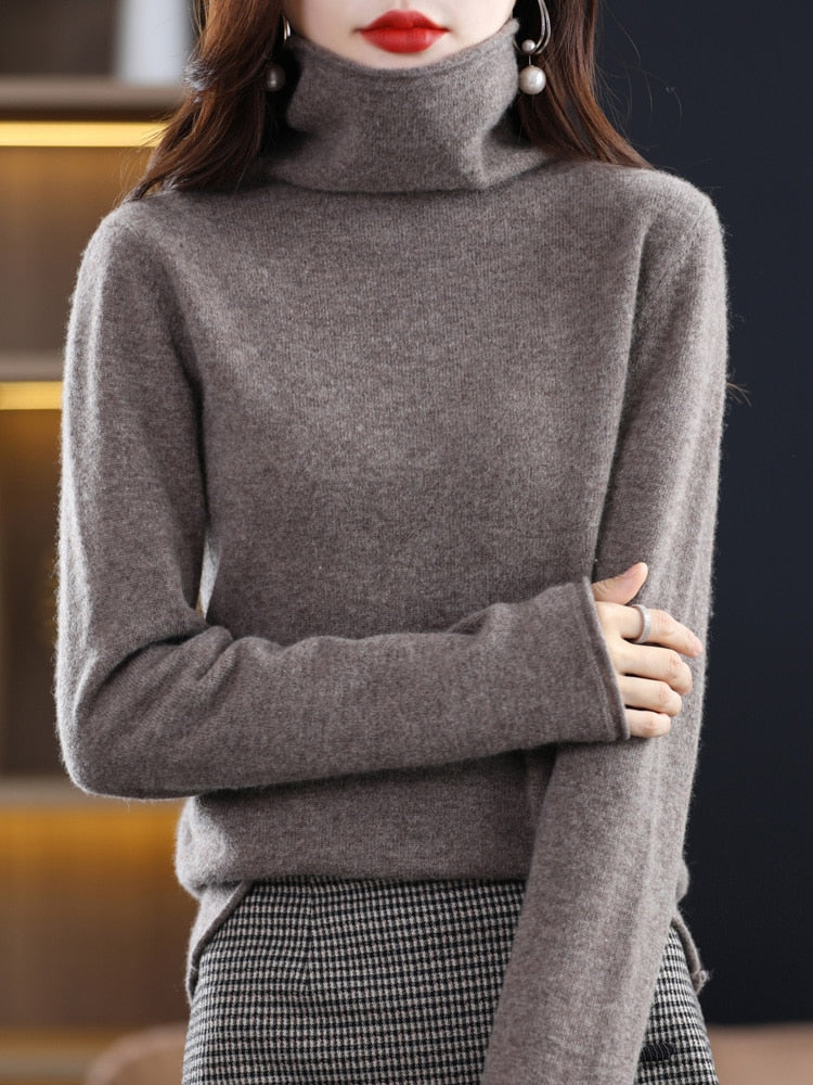 Pure Wool Women Sweater Autumn Winter Fashion Pile Collar Pullover Cashmere Sweater Casual Long-sleeved Knitted Tops Dark Camel