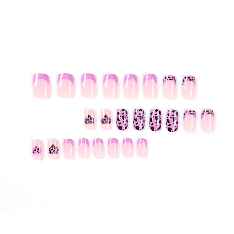 Purple Love Heart Leopard Print Wearable Nail Art Glossy Pink Fake Nails Finished False Nails Short Press on Nails with Glue