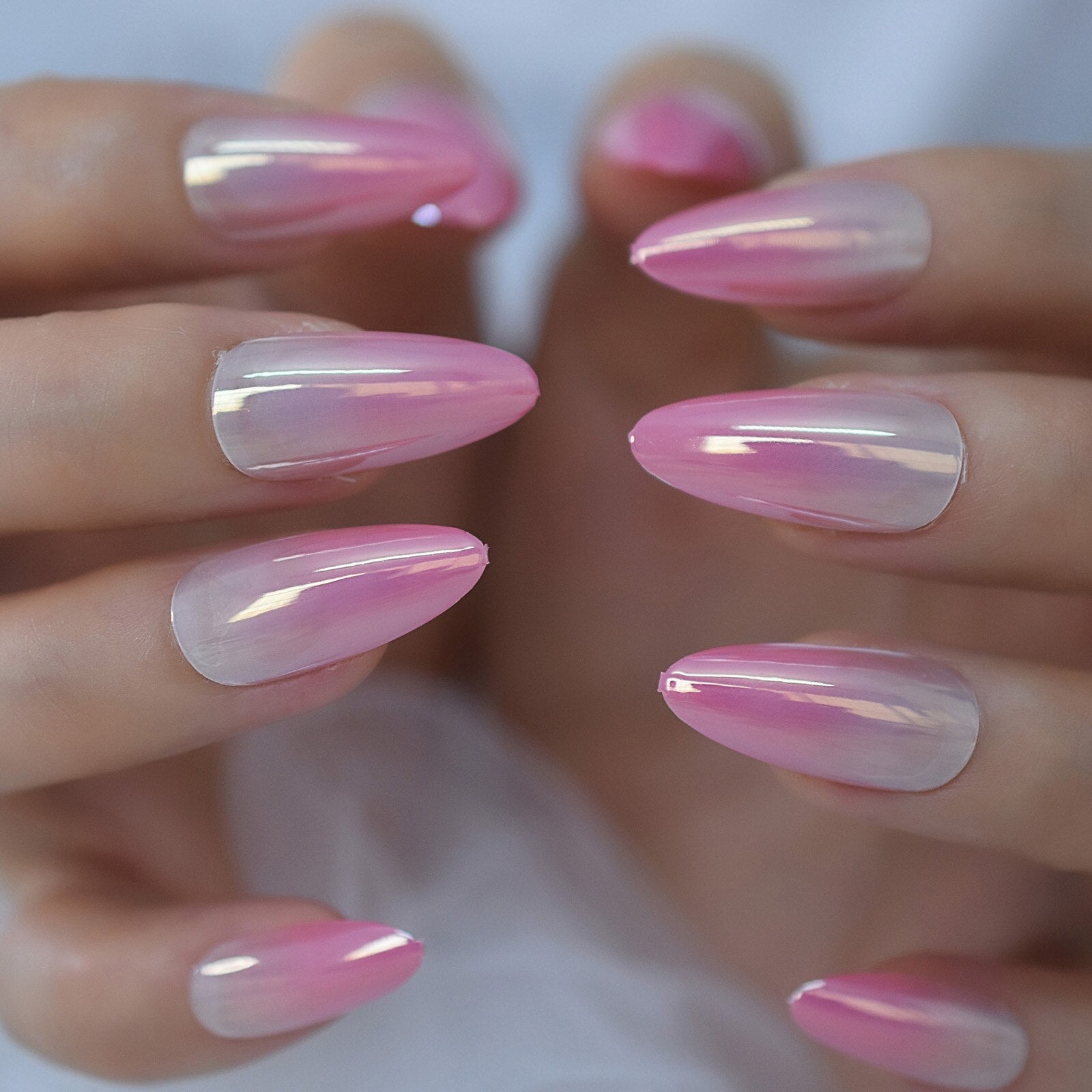 Glossy Gradient Rainbow Ombre French Press on Nails Almond Fake Nails Stiletto Oval Pointed Manicure False Nails Finger Tips L5961
