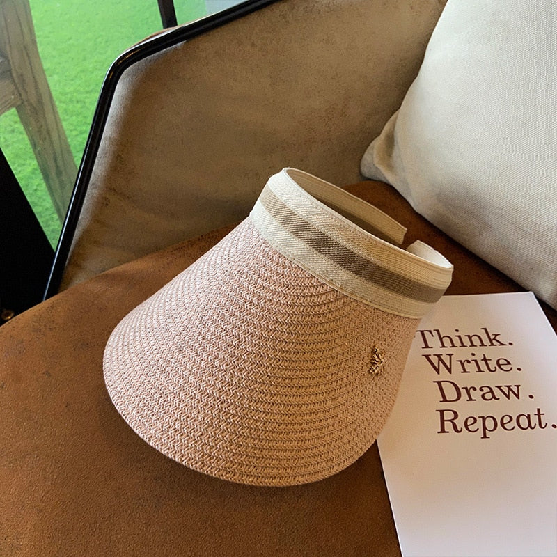 Empty Top Straw Hat Travel Sunshade Sun Hat Cap Trendy Superlite Beach Cap summer Wear Visor Cap For Womens Pink 57 cm