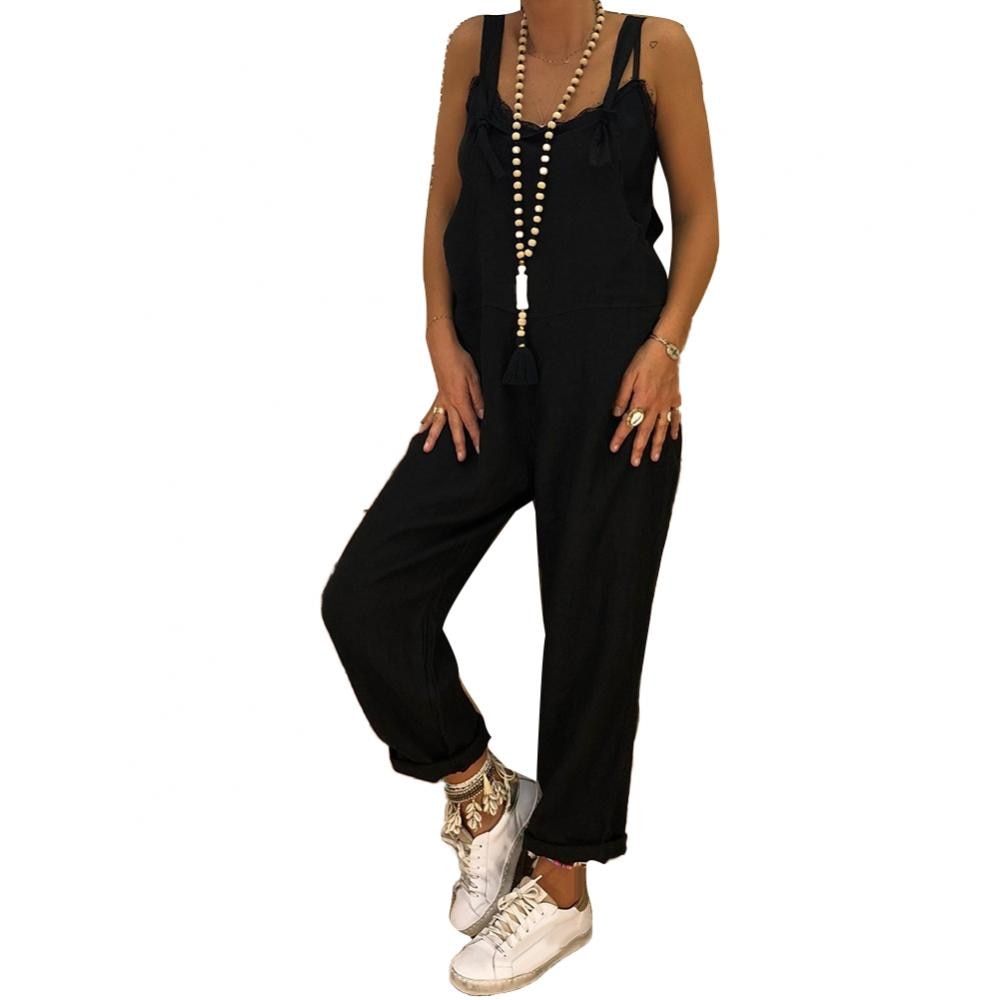 Solid Color Casual Overall Sleeveless Women Jumpsuit Straps Jumpsuit Loose Adjustable Bib women Bib Black