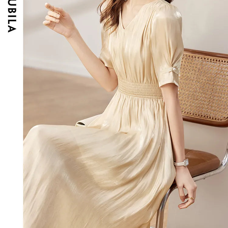 Vintage Elegant Dresses for Women Summer Fashion V-Neck Empire Puff Sleeves A-Line Long Dresses Women Clothing