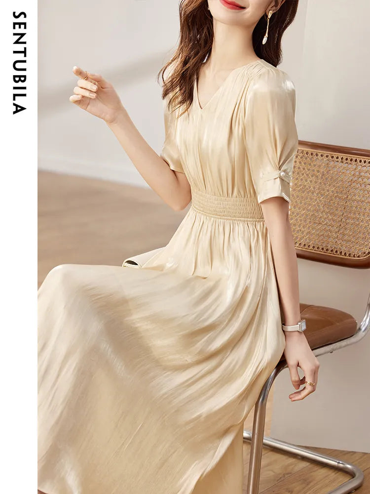 Vintage Elegant Dresses for Women Summer Fashion V-Neck Empire Puff Sleeves A-Line Long Dresses Women Clothing