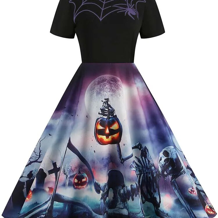 Women Halloween Costumes Dresses Short Sleeve Print Autumn Winter Vintage Party Dress Vestidos