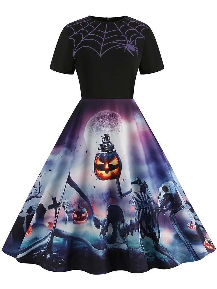Women Halloween Costumes Dresses Short Sleeve Print Autumn Winter Vintage Party Dress Vestidos