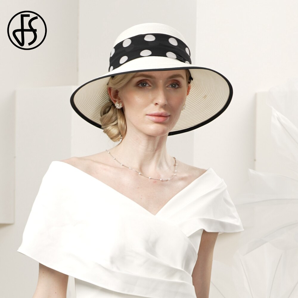 FS White Straw Hats For Women Romantic Simple Polka Dots Sun Visor Cap Ladies Wedding Church Formal Dress Fedoras Summer