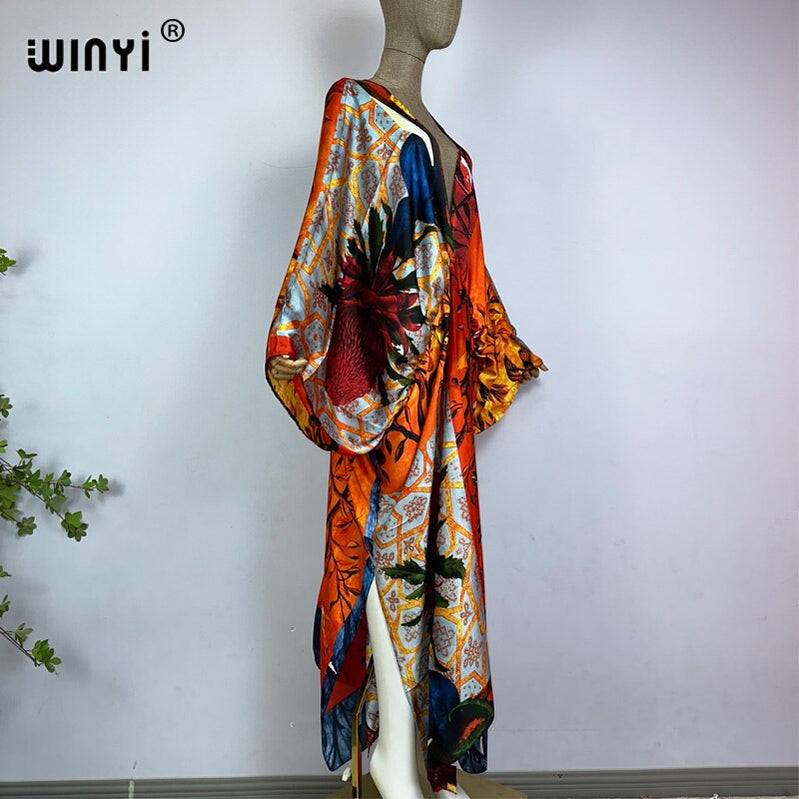 Sexy bech hand-rolled feel silk rayon fashion print Maxi Women's robes long beach V-neck Bohemian dress