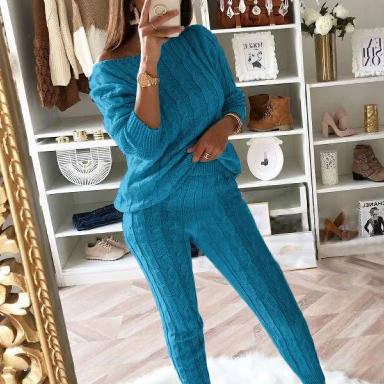 New Autumn Winter Women Knitted Tracksuit Two Piece Set Female Sweater Tops + Elastic Waist Pant Knitted Suit Women Outfits