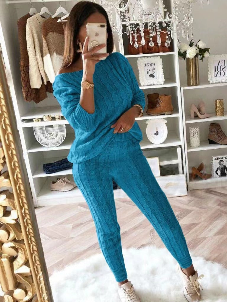 New Autumn Winter Women Knitted Tracksuit Two Piece Set Female Sweater Tops + Elastic Waist Pant Knitted Suit Women Outfits