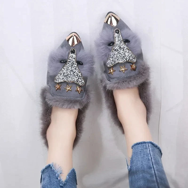 Crystal Fox Pattern Winter Flat Loafers Women Metal Pointed Toe Glitter Fur Moccasins Brand Design Ballet Flats Ladies Shoes