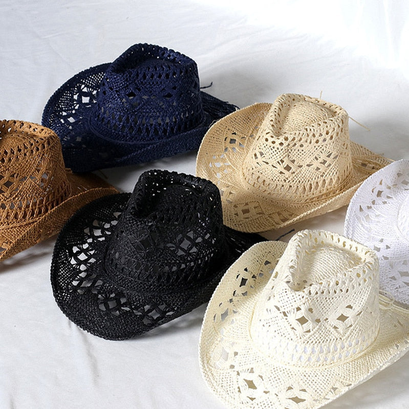 Cowboy hat fashion hollow handmade cowboy straw hat men&#39;s summer outdoor travel beach hat unisex solid color western cowboy hat