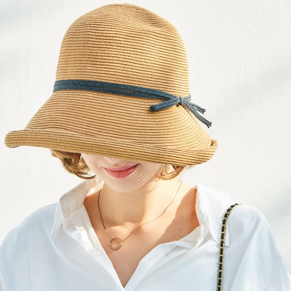 FS French Straw Bonnet Cap for Women Victorian Sun Hats Chin Strap Foldable Summer Accessories Bucket Hat Fedoras For Beach