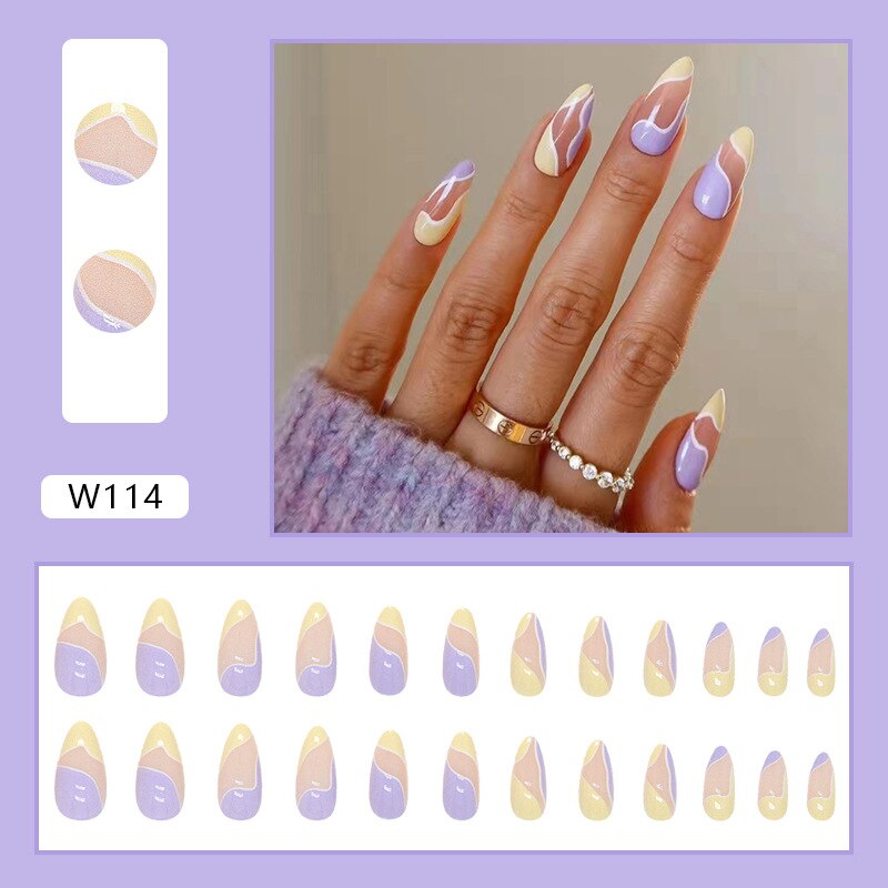 24Pcs/Set Fake Nails With Glue Full Cover Nail Tips Press On Med Nails DIY Manicure Oval Head False Nails Pink Almond Artificial W114 -24Pcs-Set