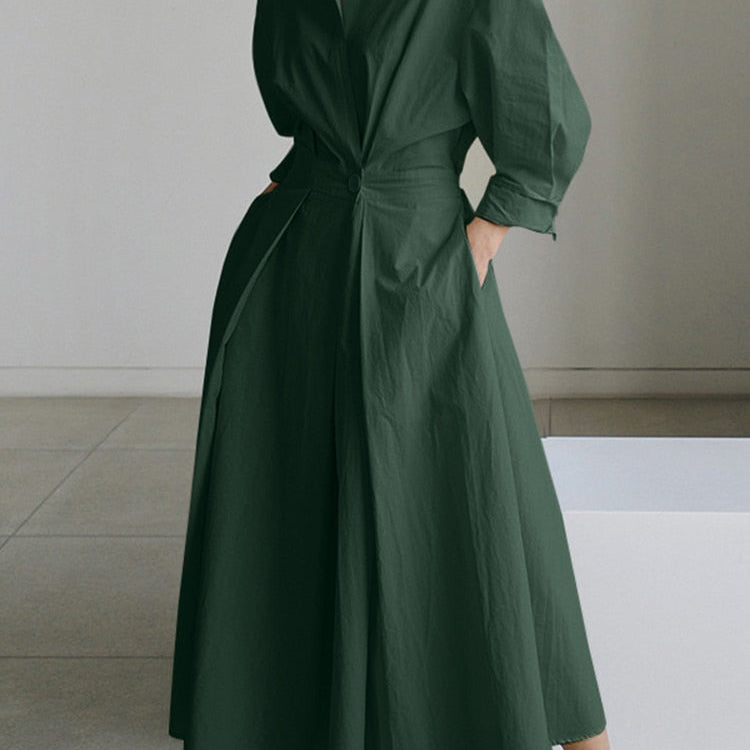 Oversized Elegant Women Spring Sundress ZANZEA Fashion Lapel Neck Long Sleeve Solid Long Shirt Dress OL Vestidos Robe Femme A-Green