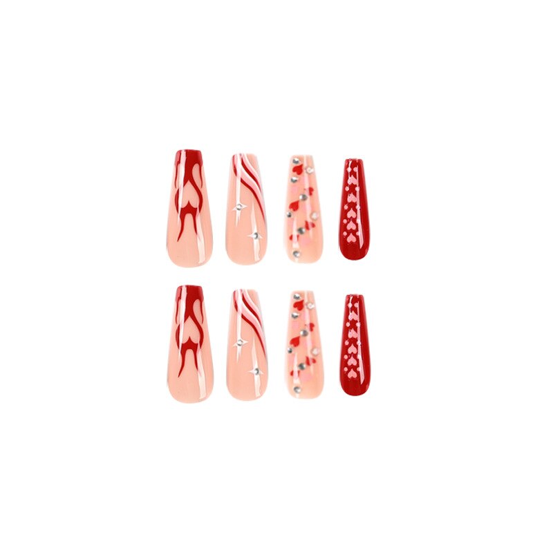 24pcs/Box Long T Handmade Valentine&#39;s Day French Flame Wave Love With Diamond False Nail Enhancement Waterproof Gel Fake Nails