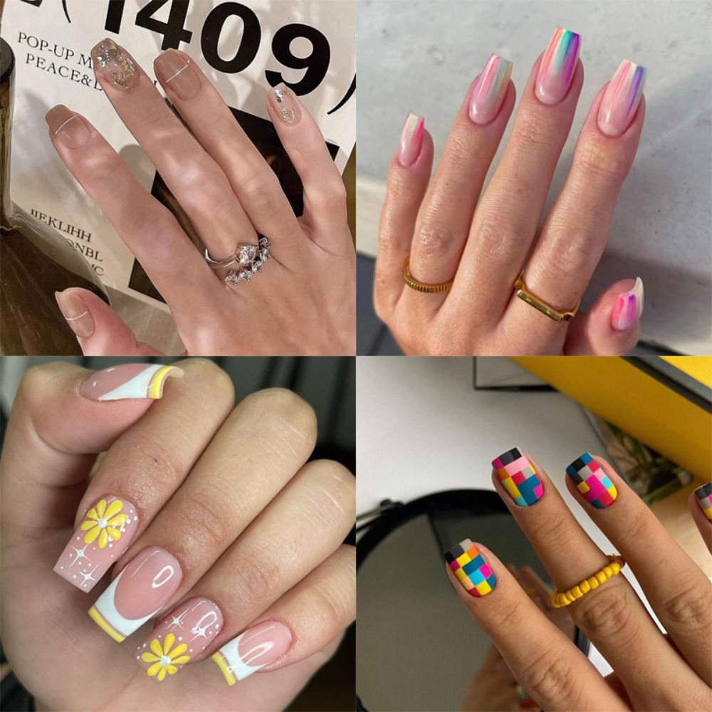 Summer False Nails Square Head Full Cover Nail Tips Detachable Fake Nails Press on Nails Manicure 24Pcs DIY Manicure