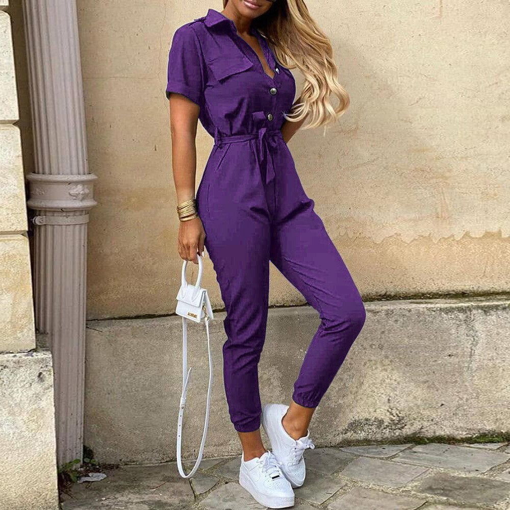 Overalls for Women New Casual Lapel Lace-up Print Belt Work Jumpsuit Women One Pieces Bodysuit Women Chic and Elegant Jumpsuits Purple