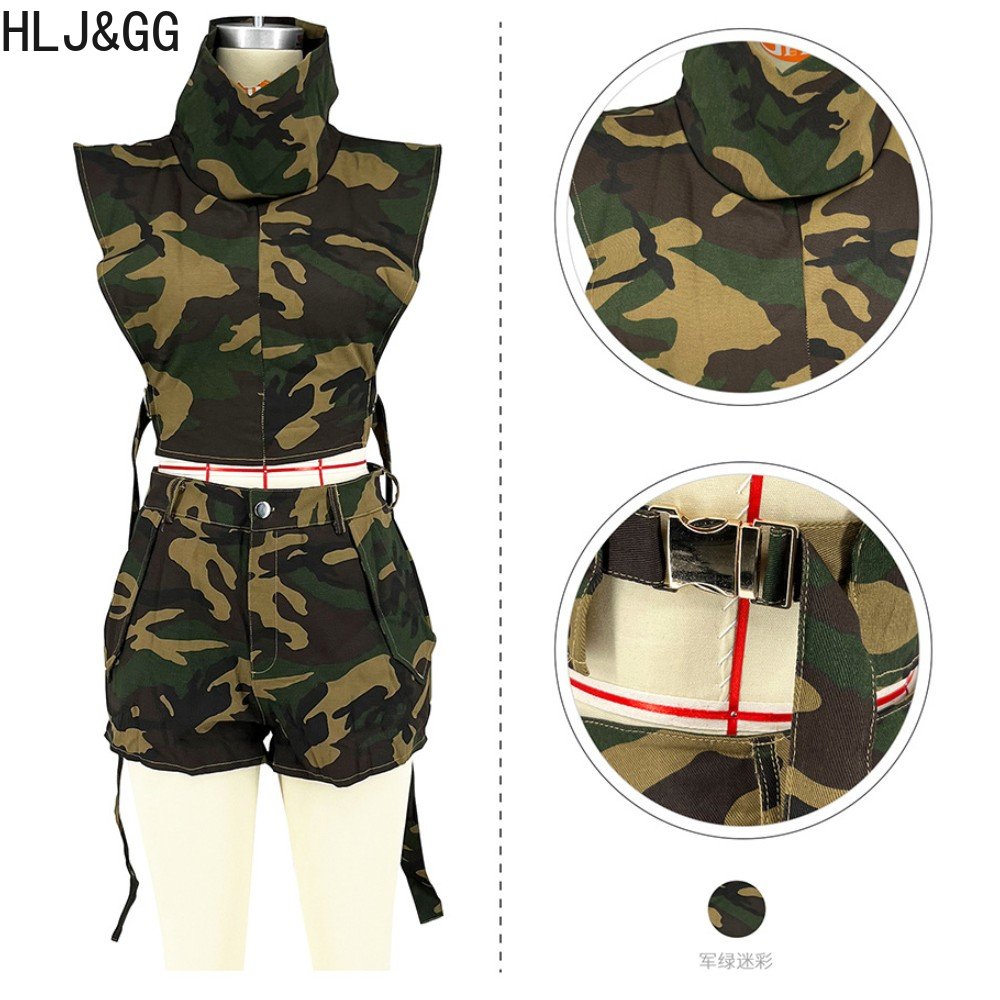 Fashion Street Style Women Camouflage Printing Turtleneck Sleeveless Crop Top And Shorts Two Piece Sets Outfits