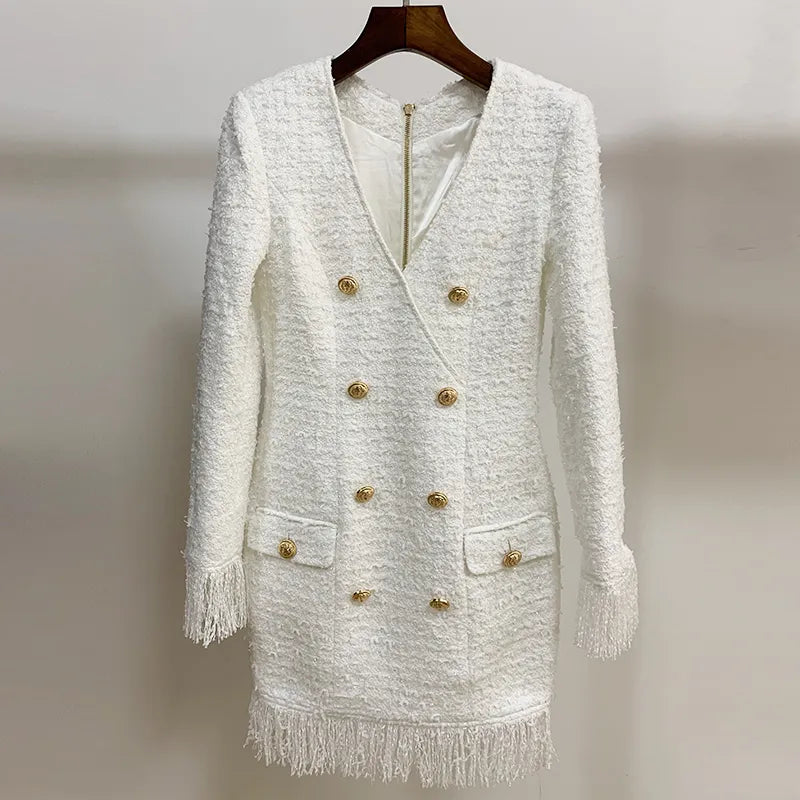 Fall Winter Newest Designer Dress Women's V-neck Long Sleeve Lion Buttons Tassel Fringed Tweed Dress White