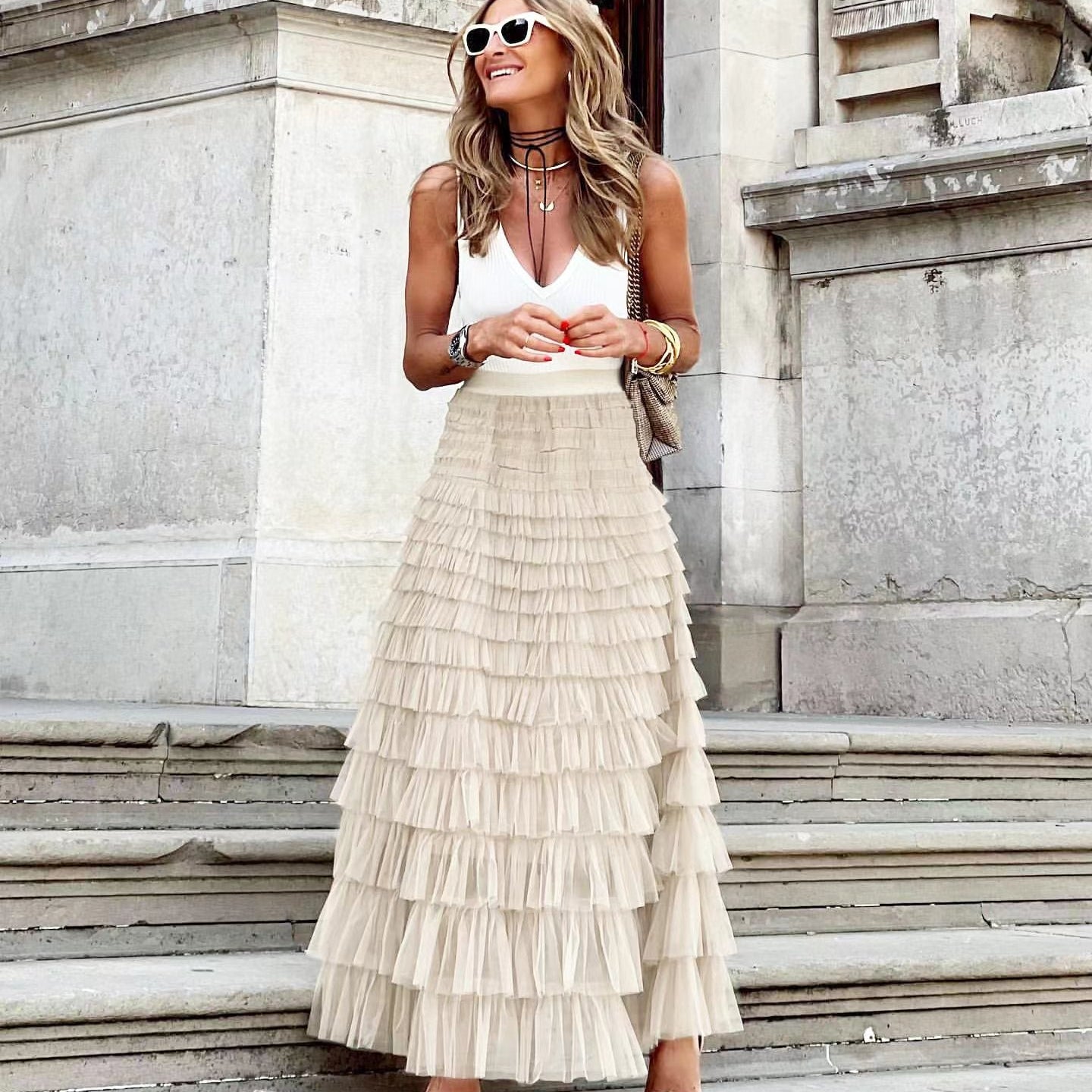 Summer Long Skirt Layered Ruffles Design Elegant Maxi Dress Office Women Commuting Party Attire Autumn Elegant Skirt Short Off-white
