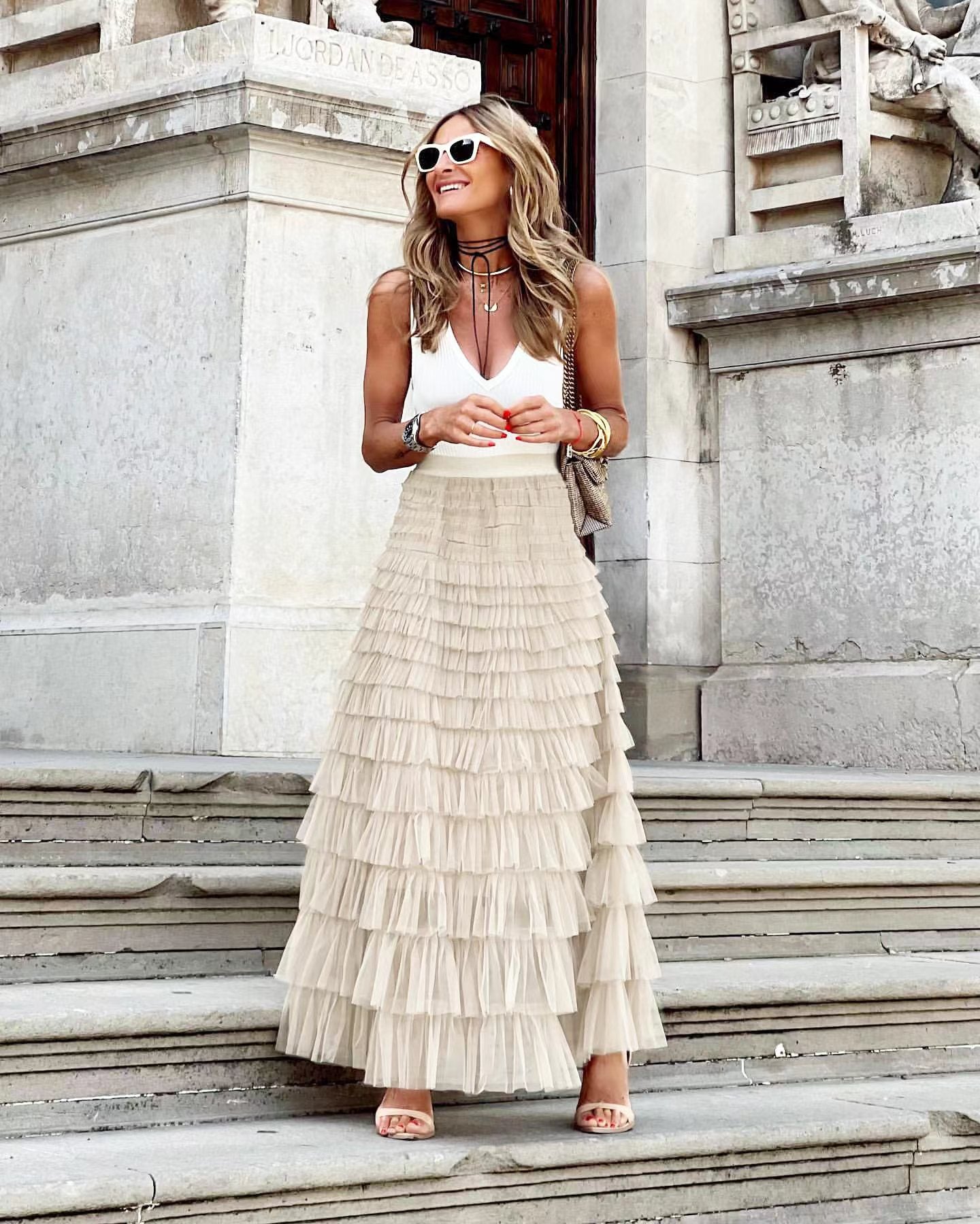 Summer Long Skirt Layered Ruffles Design Elegant Maxi Dress Office Women Commuting Party Attire Autumn Elegant Skirt Short Off-white
