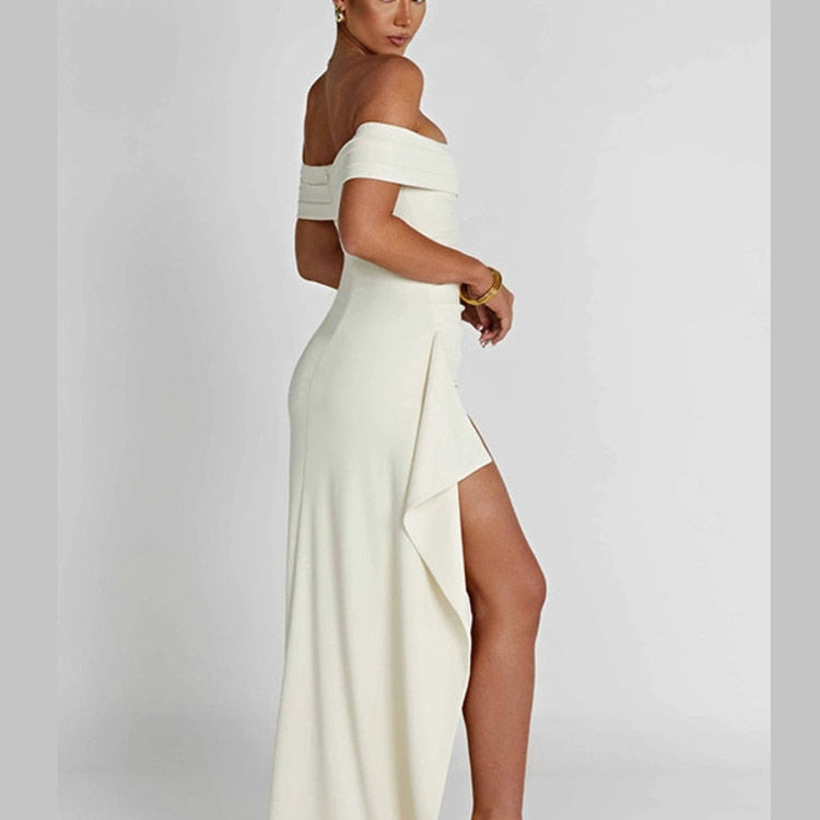 Mozision Off-shoulder Ruffled Thigh High Split Maxi Dress For Women Slash Neck Backless Bodycon Sexy Party Evening Dress Elegant
