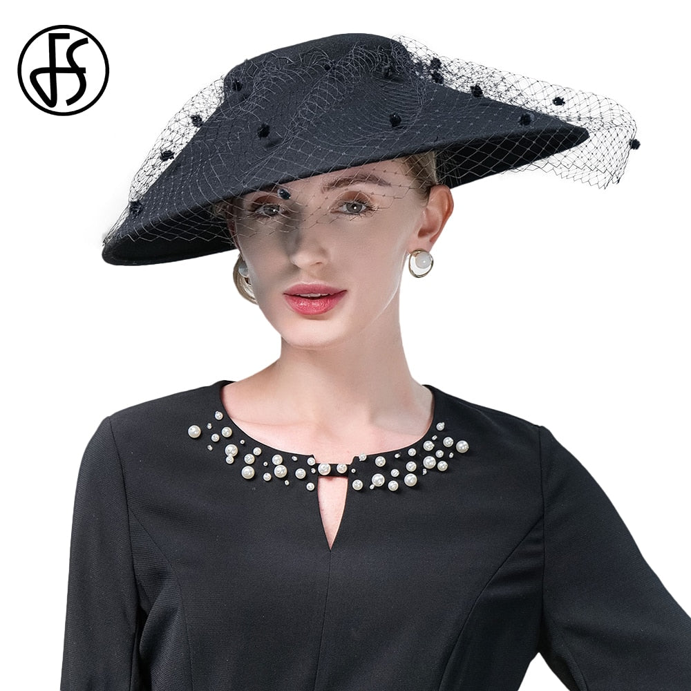 FS Elegante chiesa Kentucky Cap Ladies Luxuria larga cappelli di lana nera Fasinatori per Women Cocktail Party Dress Fedoras 2023