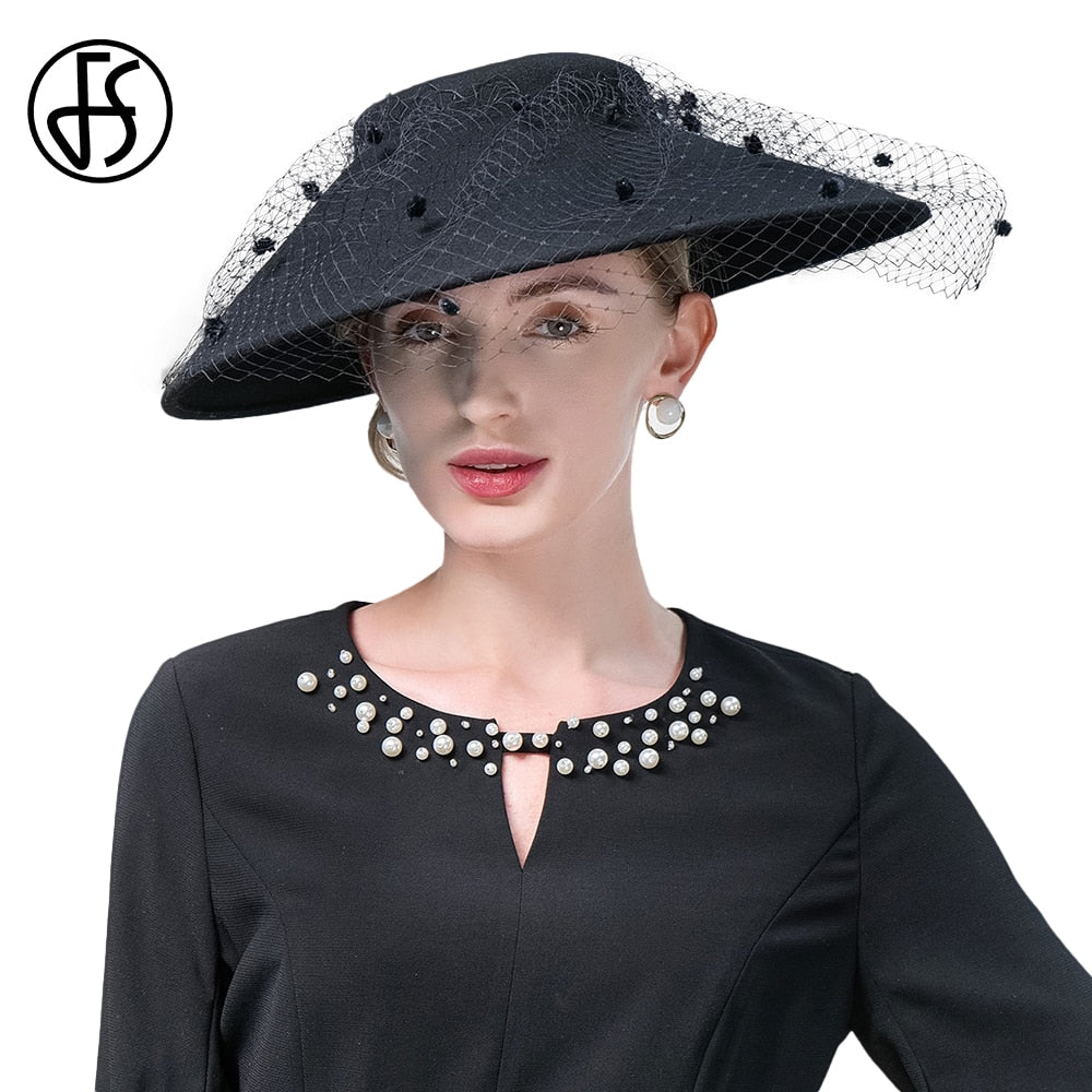 FS Elegant Church Kentucky Cap Ladies Luxury Wide Brim Black Wool Hats Fascinators For Women Cocktail Party Dress Fedoras