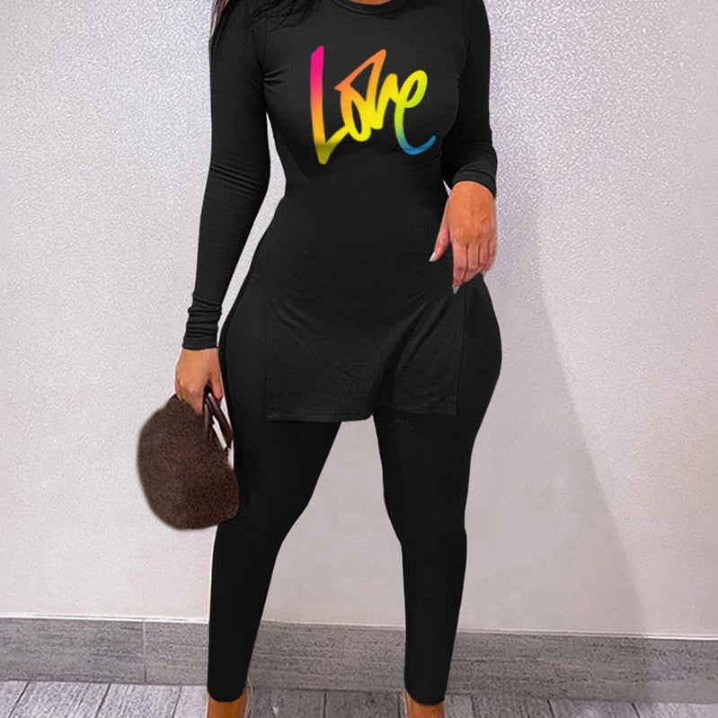 Fall Women Two Piece Sets Outfits Casual Print Side Slit Top And Skinny Pants Tracksuits Fashion Streetwear 2pcs Suits black 3