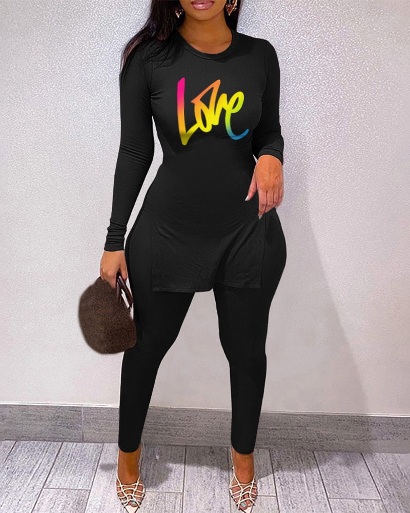 Fall Women Two Piece Sets Outfits Casual Print Side Slit Top And Skinny Pants Tracksuits Fashion Streetwear 2pcs Suits black 3