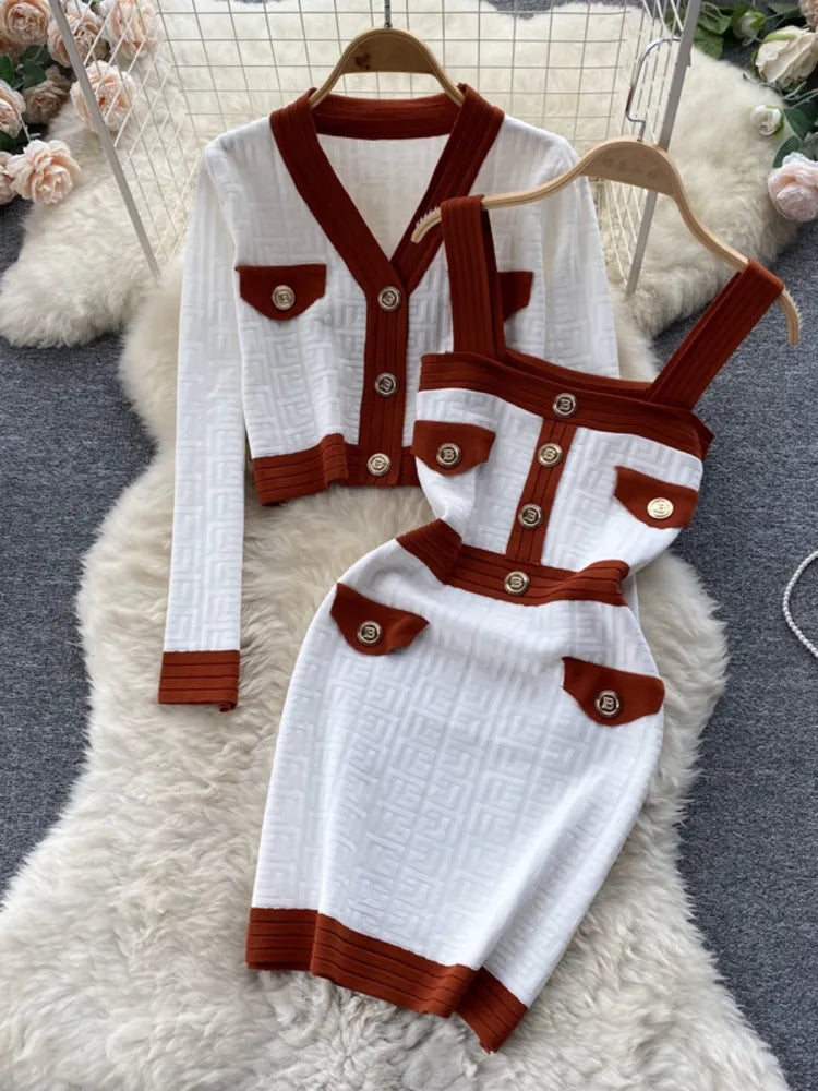 Autumn New Women's Dresses Knitwear Suits Small Fragrance Knitted Cardigan Coat + Suspender Knit Dress Streetwear Two Piece Sets White One Size