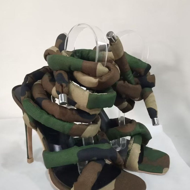 Summer Square Head Slim High Heel Sandals Wrapped Around The Feet Fashion Show Dress 43 Large Women's Sandals camouflage