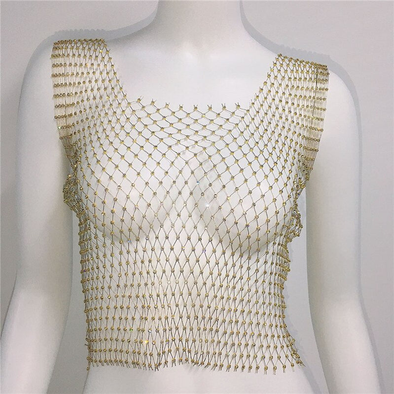 Fishnet Glitter Rhinestone Crop Top Sexy Hollow Out Mesh Sheer Women Beach Y2K Camis Crystal Diamond Club Rave Party Tank Tops gold One Size