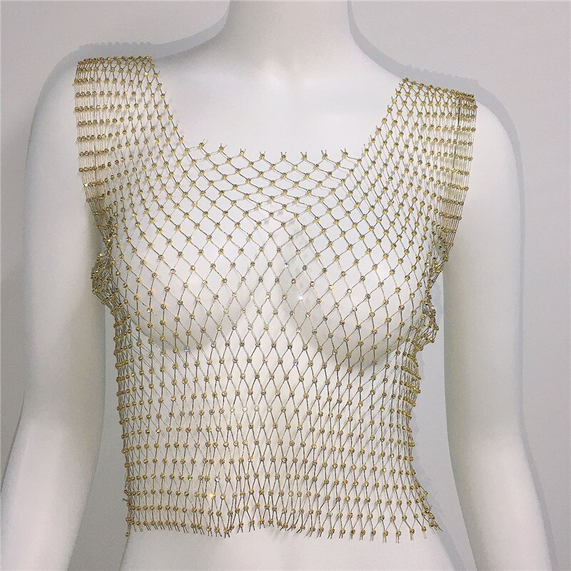 Fishnet Glitter Rhinestone Crop Top Sexy Hollow Out Mesh Sheer Women Beach Y2K Camis Crystal Diamond Club Rave Party Tank Tops gold One Size