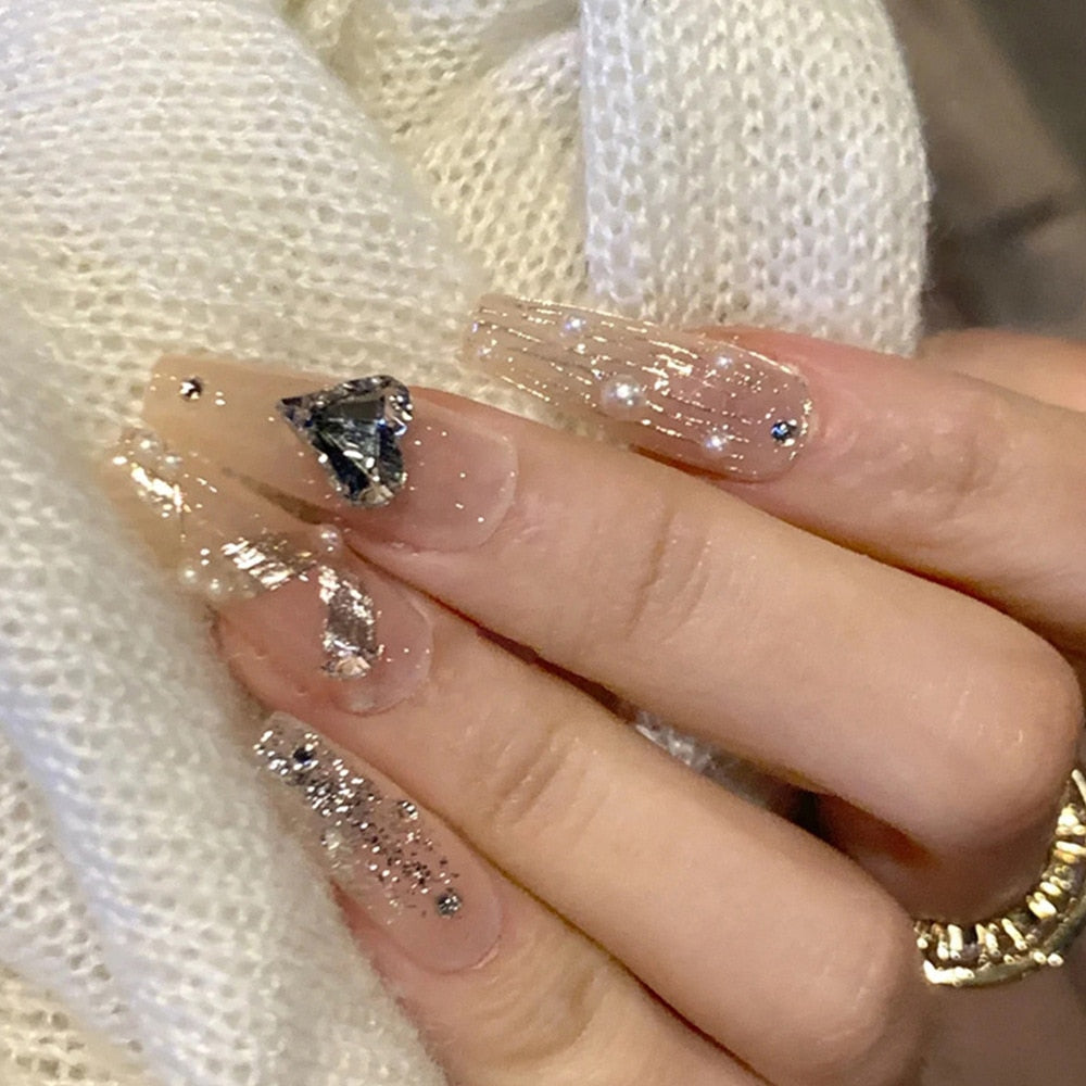 3D Sahte Tırnaklar Aksesuarlar Çıplak Fransız Tabut İpuçları Glitter Diamond İnciler Faux Ongles Manikür Yanlış tırnak malzemelerine basın