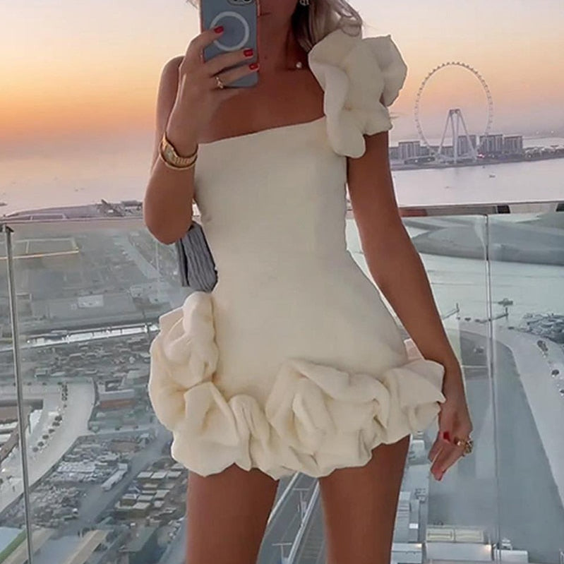 Summer Elegant Solid Mini Dress Sexy Strapless Irregular Ruffle Dress Fashion Ladies Off Shoulder Slim Club Party Dress Vestidos