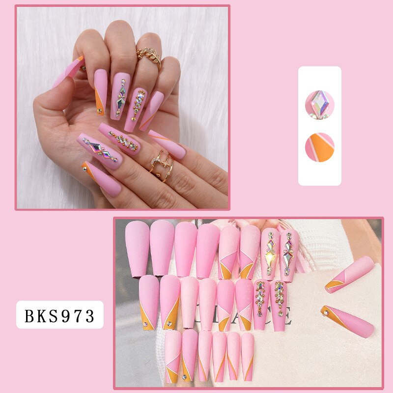 3D ballet fake nails accessories Light Luxury Diamond pink long tips french coffin manicure faux ongles press on false nail set