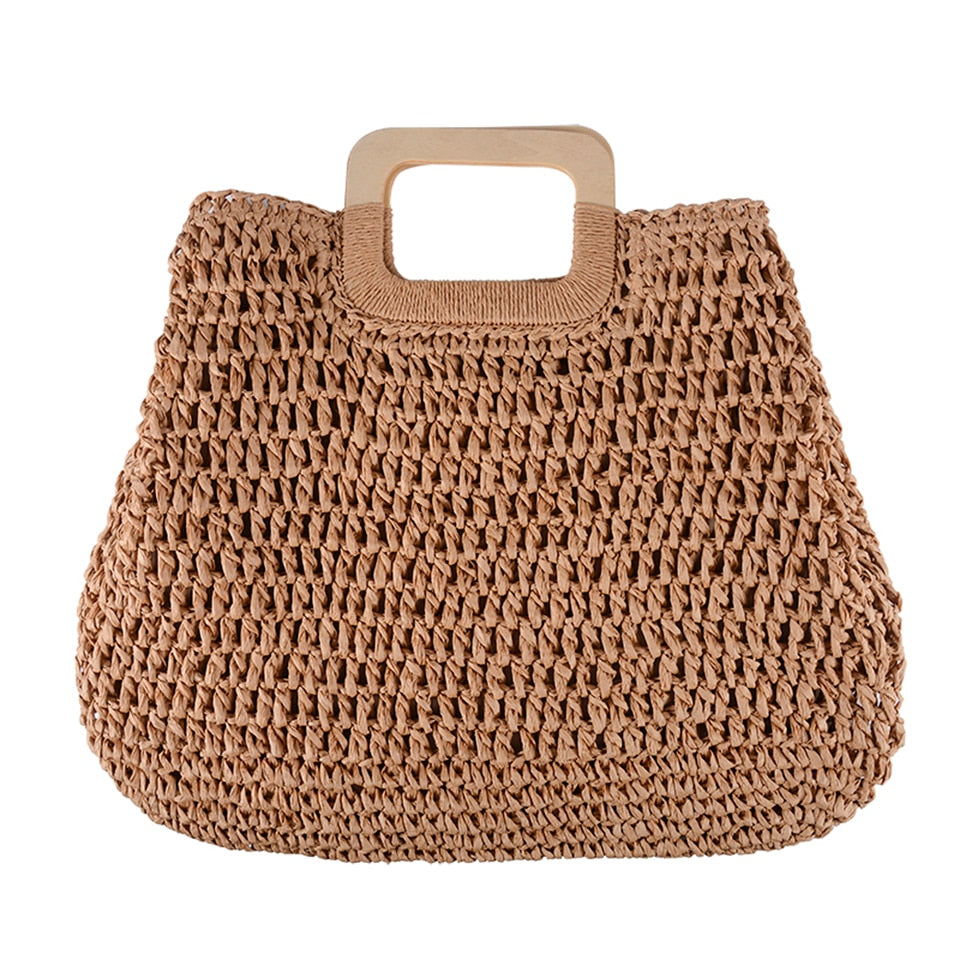 Summer Straw Handbag Wooden Handle Large Capacity Paper Rope Woven Straw Bag New Fashion Summer Vacation Travel Beach Bag 2