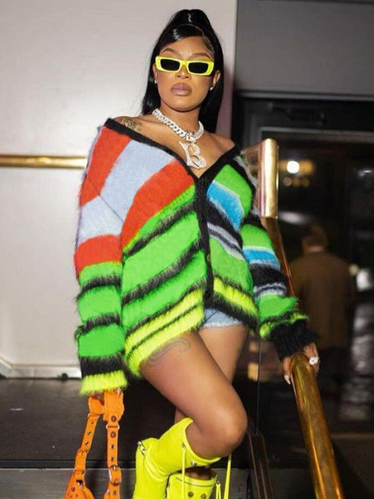 Weird Puss Cardigan Sweater Y2K Women Button Contrast Color Patchwork V-Neck Lantern Sleeve Top Street Hipster Loose Coat Green One Size