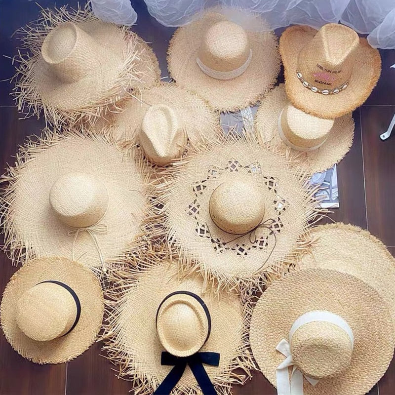 Summer Natural Raffia Straw Hat Large Wide Brim Sun Hats for Women Panama Ladies UPF Travel Holiday Beige Beach Floppy Hat