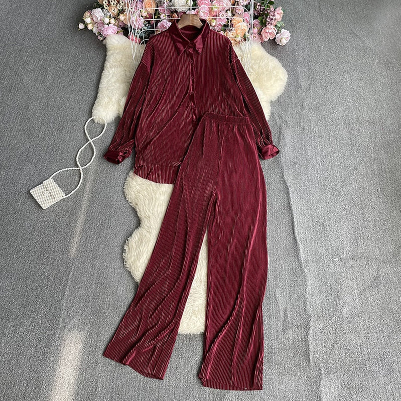 Casual Women Elegant Pleated Two Piece Set Long Sleeve Shirt And Wide Leg Pant Suits Loose Office Lady Outfits Autumn Burgundy One Size