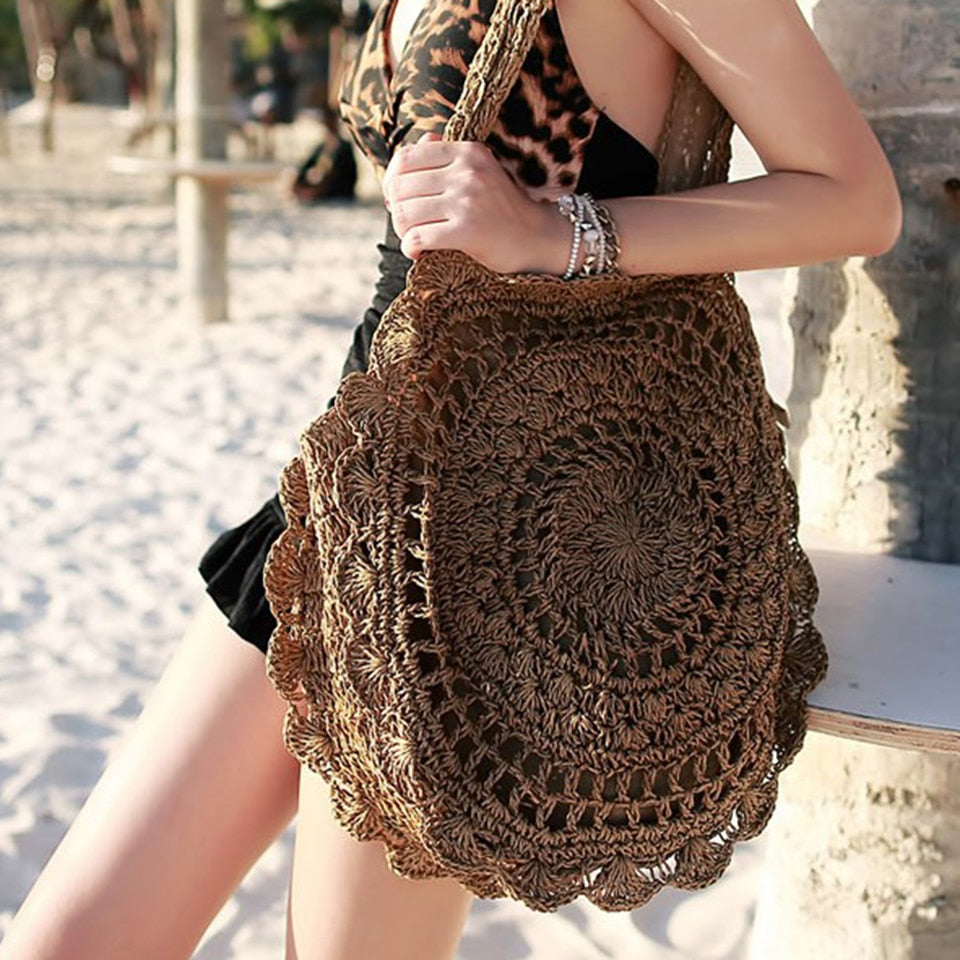Summer Straw Handbag Wooden Handle Large Capacity Paper Rope Woven Straw Bag New Fashion Summer Vacation Travel Beach Bag Dark Brown5